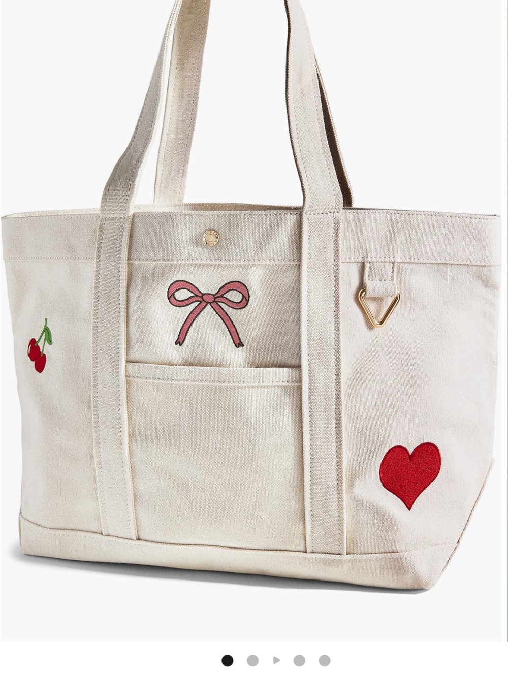 BaubleBar Cream Canvas Tote with Red Heart, Cherry & Pink Bow